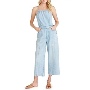 Etica Denim Jumpsuit Overalls Small Denim Blue Wide Leg Raw Hem Open Back Cutout